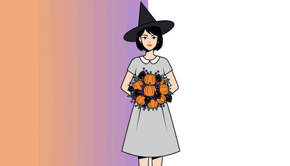 Woman in witch hat holds festive pumpkin and floral bouquet for autumn Halloween celebration