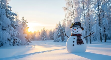 Obraz premium Happy snowman in a snowy forest at sunrise with sun flare