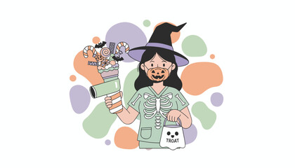 Witch in skeleton scrubs pumpkin mask holding Halloween candy and treat bag Festive season