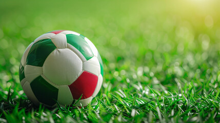 Italy Flag of a new soccer ball in green grass with copy space.
