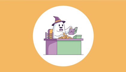Cute ghost in witch hat managing candy corn finances with abacus Halloween business concept © House of Vector