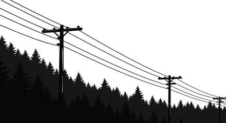 Silhouette forest landscape with utility poles and power lines, dramatic contrast of nature and infrastructure, minimalist vector illustration background