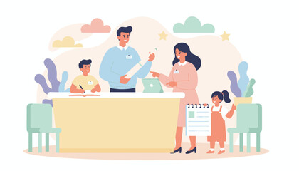 Family at registration desk smiling engaged in learning or event signup Education welcome concept
