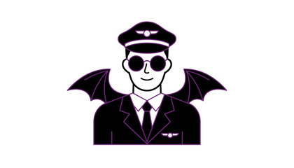 Stylish pilot character with bat wings and sunglasses merging travel and fantasy themes