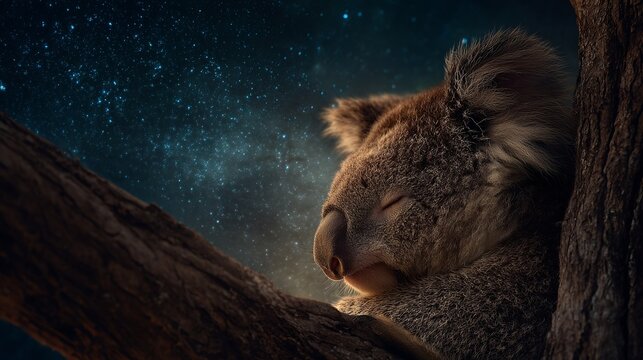 Dreamy koala sleeping peacefully on tree branch under starry night sky evokes tranquility and connection to nature