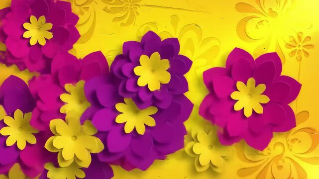 A vibrant yellow backdrop adorned with delicate floral patterns and framed by lush pink flowers, creating a visually stunning and captivating composition diwali