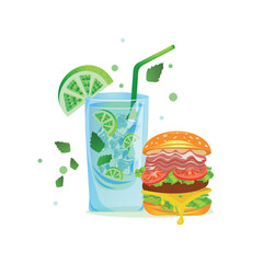 Mojito with lime and a summer burger with cheese and tomato. Vector cartoon illustration. Summery, chilled vibe. A combination of fast food and a healthy drink. Non-alcoholic mojito.