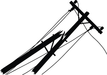 Silhouette of broken utility pole with damaged power lines, storm destruction, infrastructure collapse, electricity outage, disaster recovery, emergency repair illustration