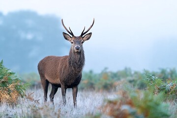 Red deer standing alert in a misty rewilded landscape at dawn