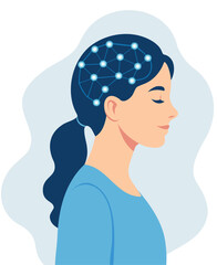 Vector illustration of a woman's side view with a glowing network of neurons in her head. Symbolic of artificial intelligence, neural connections, innovation, digital thinking, intelligent thinking