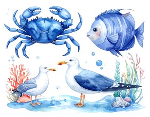 Watercolor depiction of various marine creatures, including a blue crab, a tropical fish, and two seagulls with underwater elements
