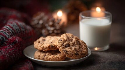 Fototapeta premium A cozy arrangement of chocolate chip cookies and milk with candles and a warm blanket evoking a festive holiday mood