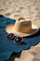 Beach accessories on sand. Stylish sunglasses and straw hat rest on a folded blue towel. Vacation concept sunbathing relax travel fashion. Perfect summertime imagery.