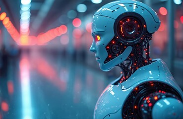 Close-up of futuristic android head and shoulders. Robot with glowing eyes and internal wiring. Modern artificial intelligence tech in smart factory setting.