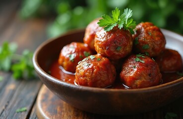 Meatballs in tomato sauce served in a brown ceramic bowl. Meatballs are garnished with fresh parsley leaves. Bowl is placed on a wooden table with blurred green background.