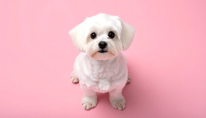 Obraz premium White dog, seated, pink background