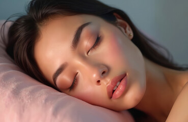Obraz premium Young woman sleeps on soft pink pillow. Healthy glowing skin, closed eyes. Calm peaceful moment for beauty, rest, wellness. Relaxed female face shows good skincare, natural glow. Dreaming in quiet