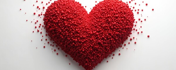 Red heart shape made of small round balls on white background. Heart is formed by numerous red balls scattered around it. Symbol of love and affection.