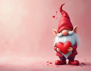 Cute gnome with red hat and beard holds big red heart. Small hearts float around gnome. Simple pink background with scattered heart shapes. Festive character design.