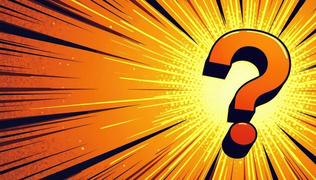 Vibrant orange comic book style question mark on yellow explosion background. Big inquiry symbol in pop art design. Bright colorful illustration for curiosity concept. Idea, mystery visual - Powered by Adobe