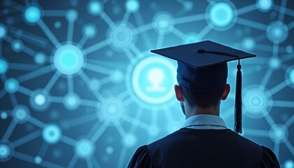 Graduate stands, back to viewer, looking at bright blue glowing digital network. Person wears academic cap, gown, faces future tech world. Student considers career planning, new job opportunities,