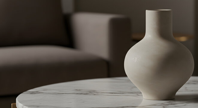 A cream-colored vase sits on a marble table, with a blurred couch in the background, creating a minimalist and elegant interior scene.