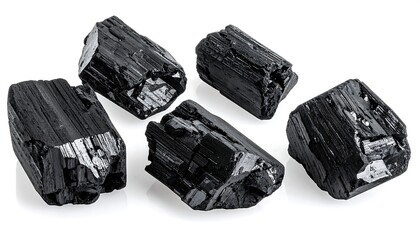 Close-up shot of five irregularly shaped black mineral specimens, arranged on a bright white background