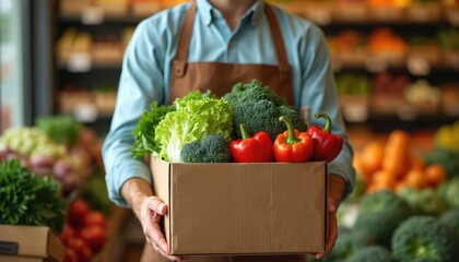 Person in apron holds cardboard box full of fresh vegetables. Green lettuce, broccoli, red bell peppers in produce box. Worker delivers healthy organic food for online market orders at grocery store.