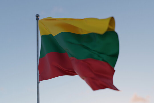 Lithuania national flag waving in the wind against a clear blue sky, symbolizing freedom, heritage, and pride. Patriotic concept. Travel, creative idea. Politics and Ethnicity
