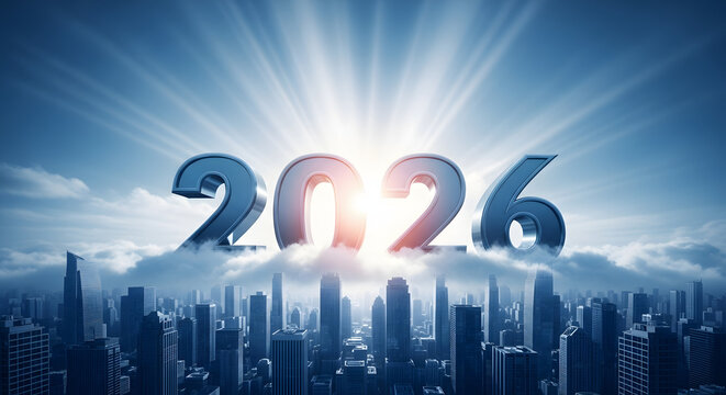 The year 2026 is prominently displayed above a cityscape, partially obscured by clouds, with bright light rays emanating from behind the numbers. - Powered by Adobe