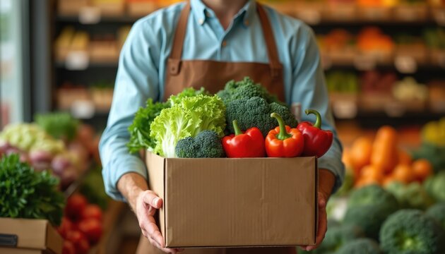 Person in apron holds cardboard box full of fresh vegetables. Green lettuce, broccoli, red bell peppers in produce box. Worker delivers healthy organic food for online market orders at grocery store. - Powered by Adobe