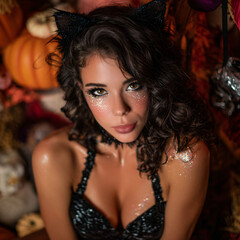 Fototapeta premium Beautiful brunette woman with cat ears wearing sparkly black dress surrounded by Halloween decorations, glamorous portrait with glitter makeup and festive atmosphere