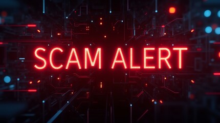 A visually striking representation of a 'Scam Alert' sign illuminated in bright red against a dark, technological background.