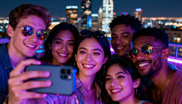 Group of young friends taking a selfie together at a rooftop party with vibrant city lights in the background at night - Powered by Adobe