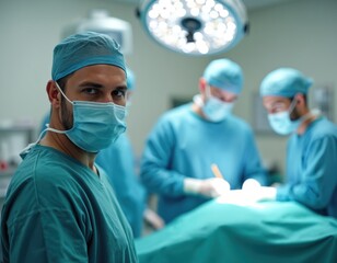 Male doctor in blue mask and cap stares intently at viewer. Surgical team performs operation on patient under bright light. Medical professionals work in hospital operating room. Urgent health care.