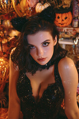 Fototapeta premium Beautiful brunette woman with cat ears wearing sparkly black dress surrounded by Halloween decorations, glamorous portrait with glitter makeup and festive atmosphere