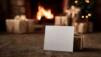 A blank card rests on a rustic surface in front of a cozy fireplace with wrapped gifts and a Christmas tree