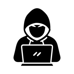 Silhouette of a hooded hacker working on a laptop with a mysterious expression
