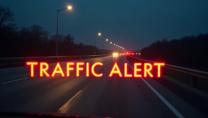 A nighttime road scene featuring illuminated streetlights and approaching vehicles, with a traffic alert overlay.