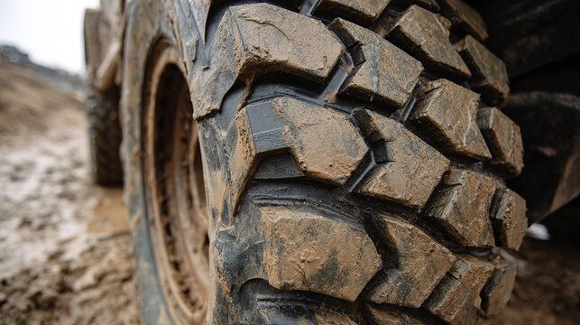Powerful truck tire covered in mud showcases resilience and durability on challenging terrain perfect for industrial themes