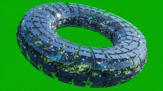 Futuristic toroidal structure with reflective metallic panels and glowing interior on green screen