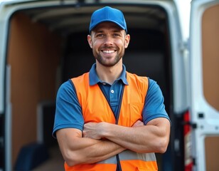 Confident tradesman in orange vest, blue cap stands with arms crossed in front of white van. Man wears blue shirt under vest. He is smiling, looking forward. Tradesman ready for on-site service calls.