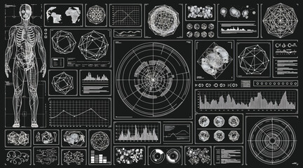 Vector art of futuristic hud interface with human body scan, data visualization, and digital elements in black and white, ideal for science fiction, technology, and medical themed projects © S.Siam