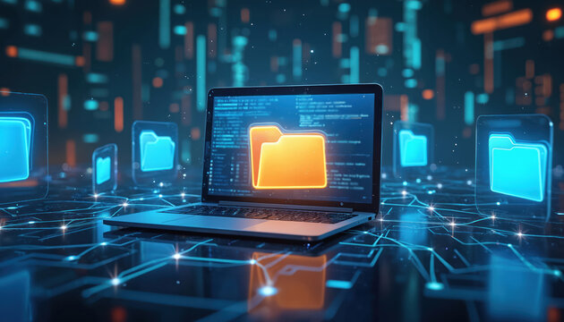 Laptop displays digital folder and data connection concept. Futuristic network with glowing folders floating near computer screen. Information storage and management is key aspect.