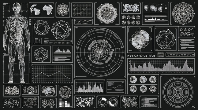 Vector art of futuristic hud interface with human body scan, data visualization, and digital elements in black and white, ideal for science fiction, technology, and medical themed projects