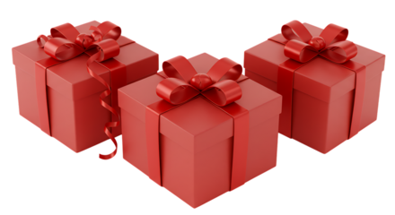 Three Red Gift Boxes with Ribbons and Bows for Holidays and Celebrations
