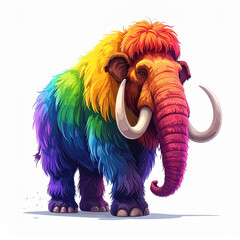 Vibrant Rainbow Woolly Mammoth Walking on White