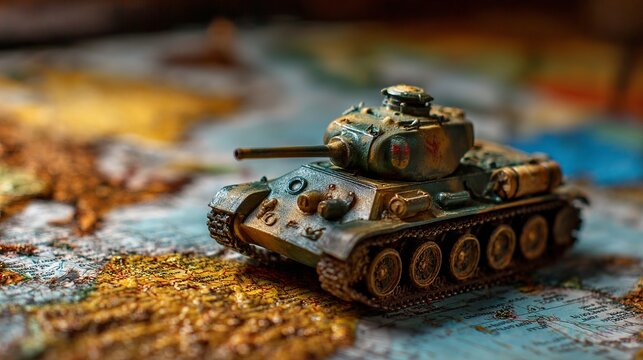 Powerful tank toy on a vintage map evoking history, strategy, and conflict resolution, perfect for editorial use