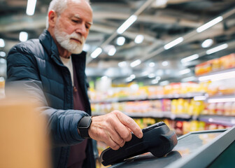 Senior man using smartwatch to pay at a grocery store terminal, embracing modern payment tech. Focused scene captures contactless transaction in a well-lit supermarket aisle with vivid products.