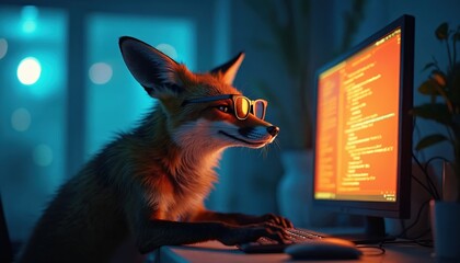 Clever fox wearing glasses types code on computer at night. This smart animal works in a dark room with blue and orange lights. Funny concept for tech and business.